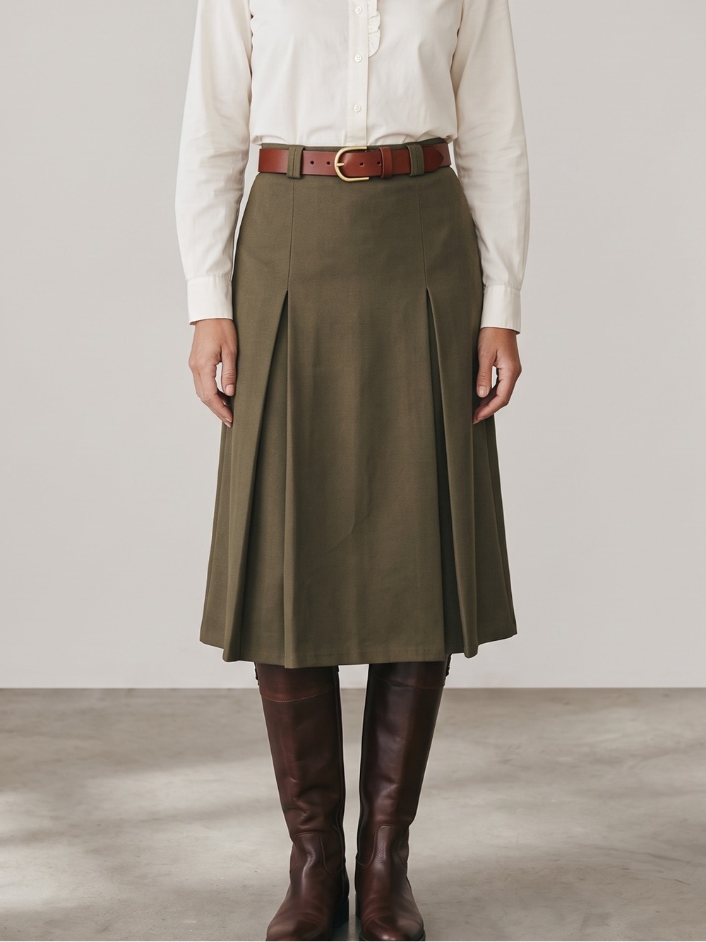 Olive Pleated A-Line Midi Skirt Classic Equestrian Heritage Herringbone Size S